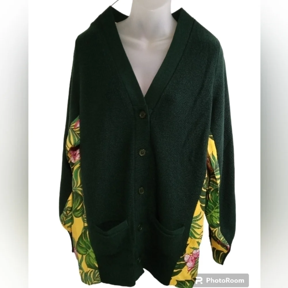 Free People x Sandrine Tropical Palm Tree Mixed Media Cardigan Sweaterl Small